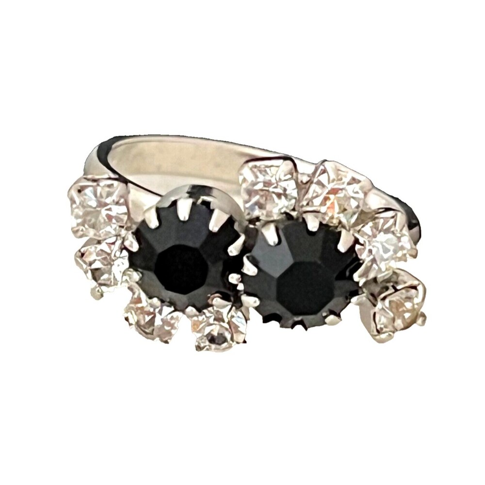 Vintage 1960s Cocktail Ring Black Rhinestones Mid Century Modern 4J